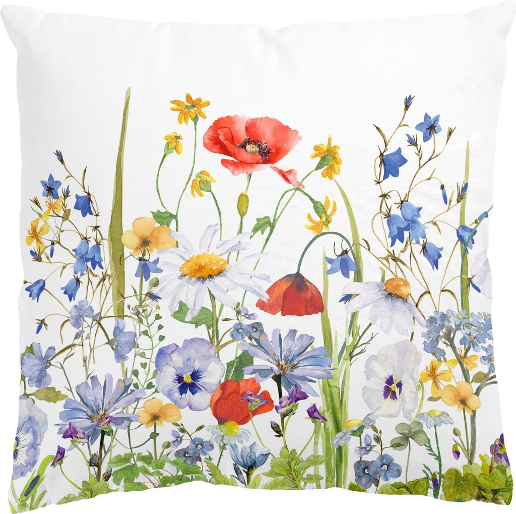 Dekokissen Blumen drinnen / Indoor Zierkissen Samt waschbar Blumenwiese bunt Aquarell Illustration Sofakissen mit Füllung