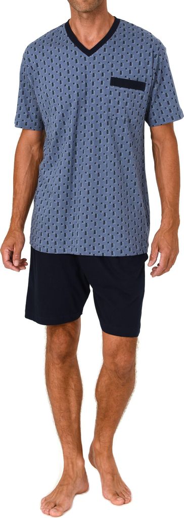 Normann Herren kurzarm Schlafanzug Shorty – Pyjamamit V-Hals auch in Übergröße ; blau , 50