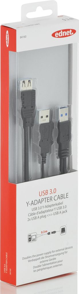 ednet 84160 USB 3.0 Y-Adapterkabel, Typ 2xA to A St/St/Bu, 0,3m, Super Speed, UL, gold, sw