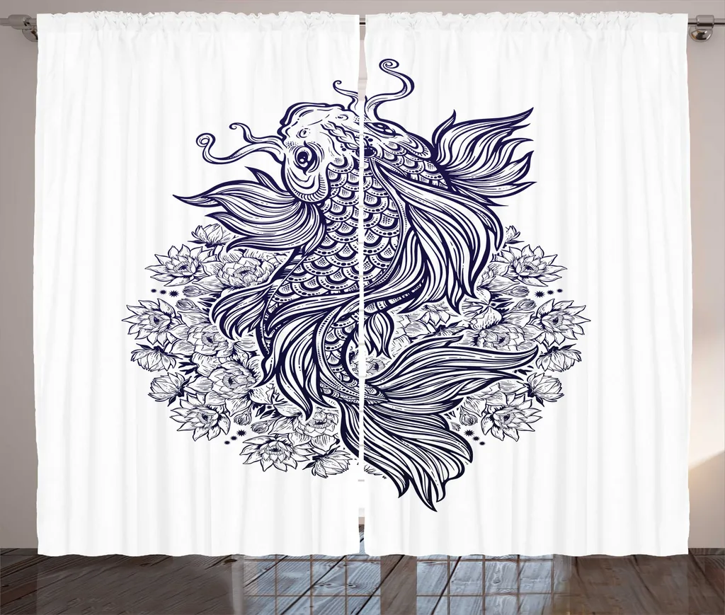 Rideau de Chambre Carpes Koï Bleu Foncé avec Crochets - 280x225