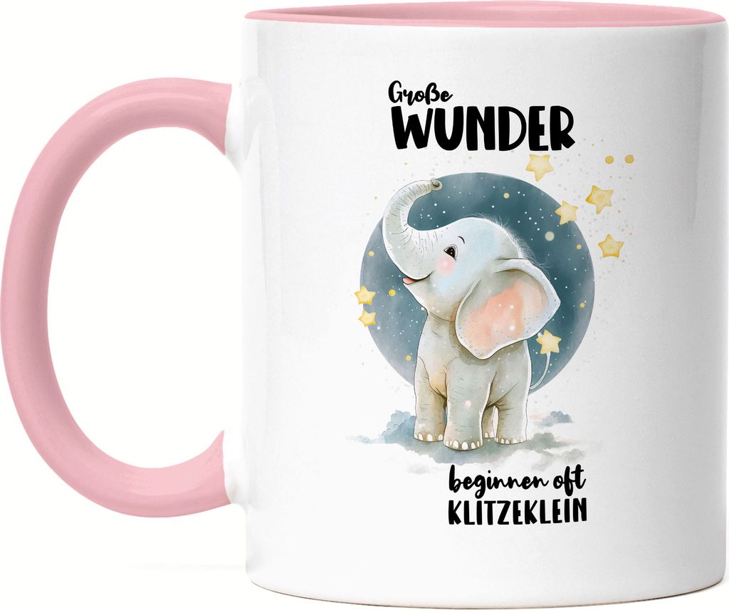 Große Wunde beginnen oft klitzeklein Tasse Rosa Elefant Geburt Geschenk Hallo Baby