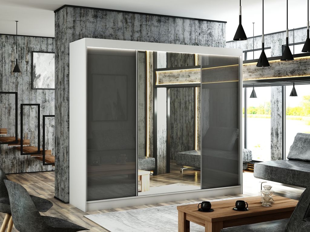 ALTDECOR Kleiderschrank mit Spiegel und Schiebetüren, kugelgelagerte Führungsschienen und Aluminium-Leisten, LED-Beleuchtung (weiß + 16 Farben) ...