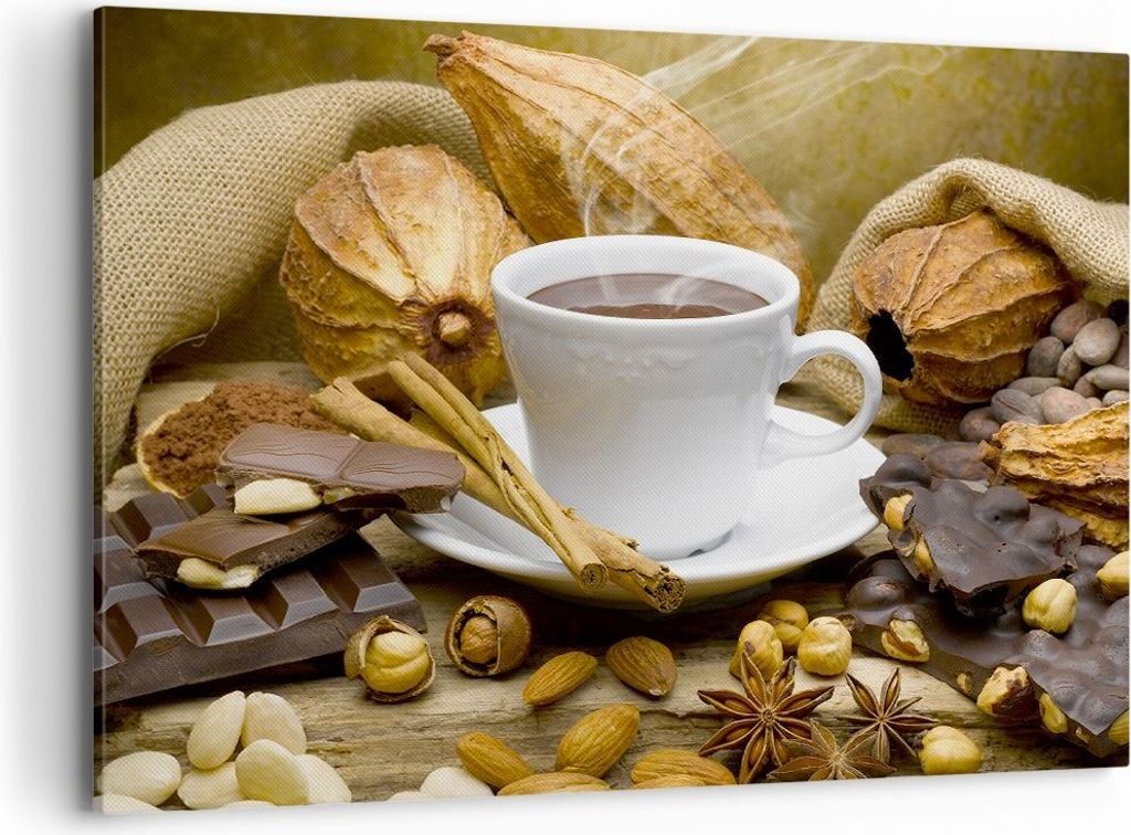 Bild auf Leinwand - Leinwandbild - Tasse Schokolade trinken Kakao - 100x70cm - Wand Bild - Wanddeko - Leinwanddruck - Bilder - Kunstdruck - Wanddek...