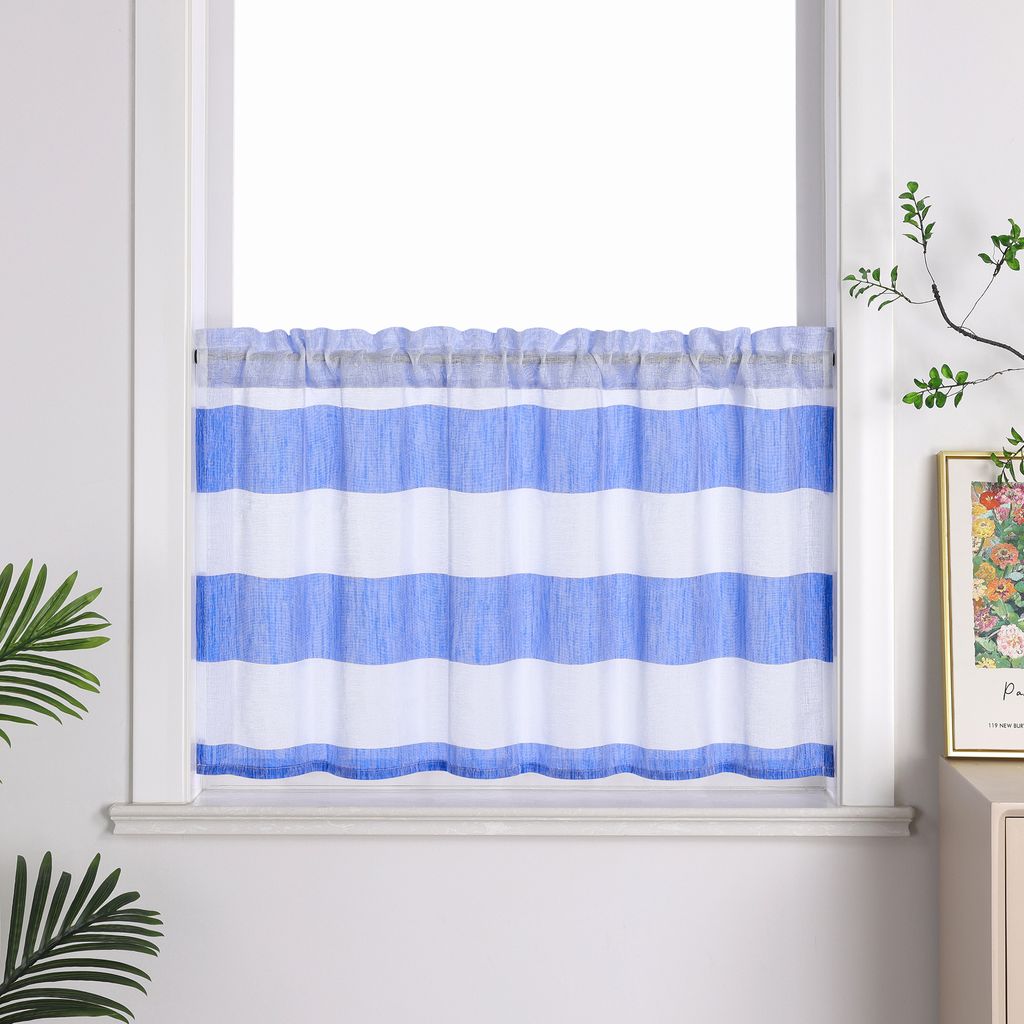 Joyswahl Scheibengardine mit Tunnelzug Bistrogardine gestreifte Kurztores Landhausstil Küche Gardinen Halbtransparent Blau BxH 135x60 cm