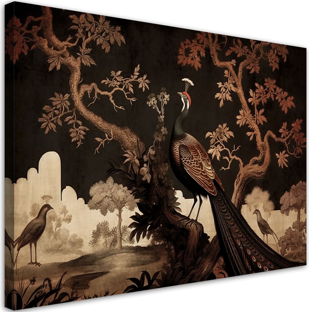 Leinwandbild Orientalischer Pfau auf einem Baum 100x70 Feeby Braun bild für die wand bereit zum aufhängen