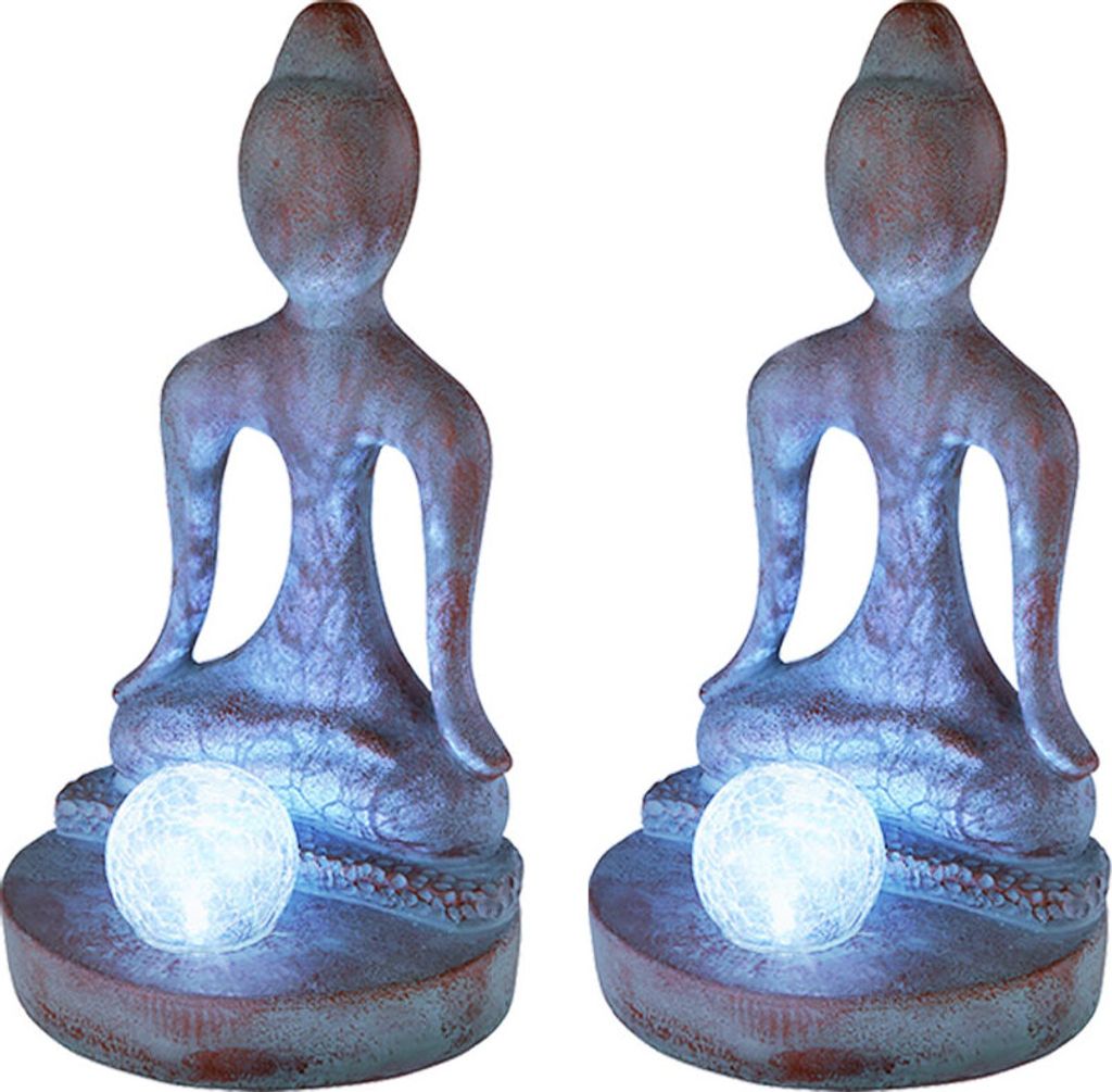 2er Set LED Solarleuchte, Buddha, bronze-silber, H 30 cm