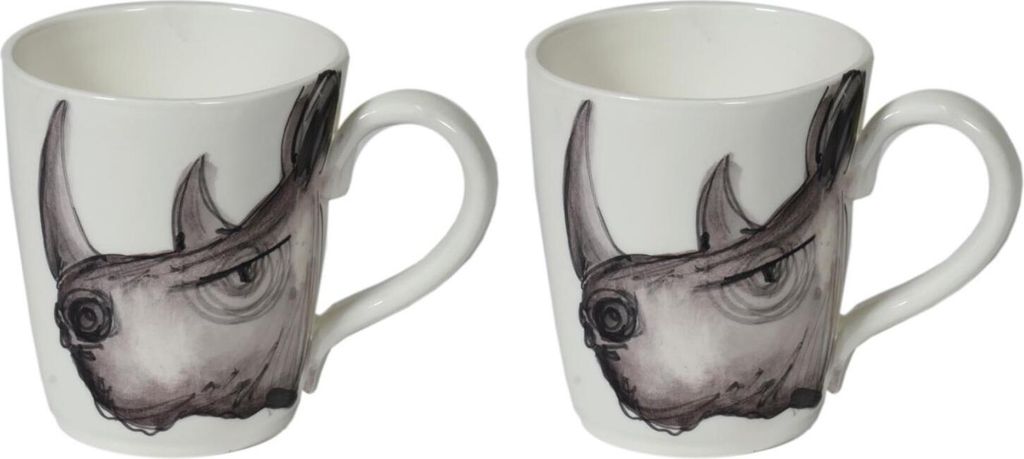 2er Set Becher, Tassen SAFARI Nashorn H. 11cm für 400ml schwarz weiß VIRGINIA CA