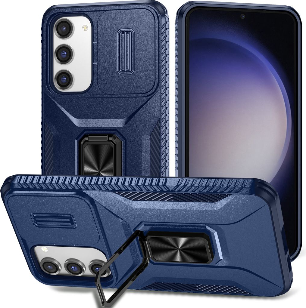 Handyhülle für Samsung Galaxy S23+ Dual Layer Hülle mit Schiebe Kamera Schutz und Ringhalter Ständer Blau