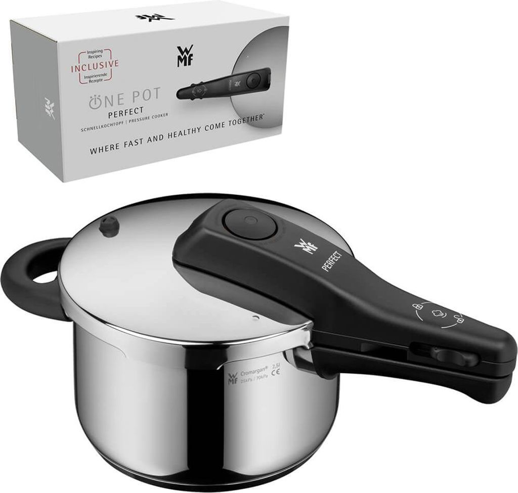 A WMF Perfect One Pot pressure cooker and its packaging are displayed against a white background.