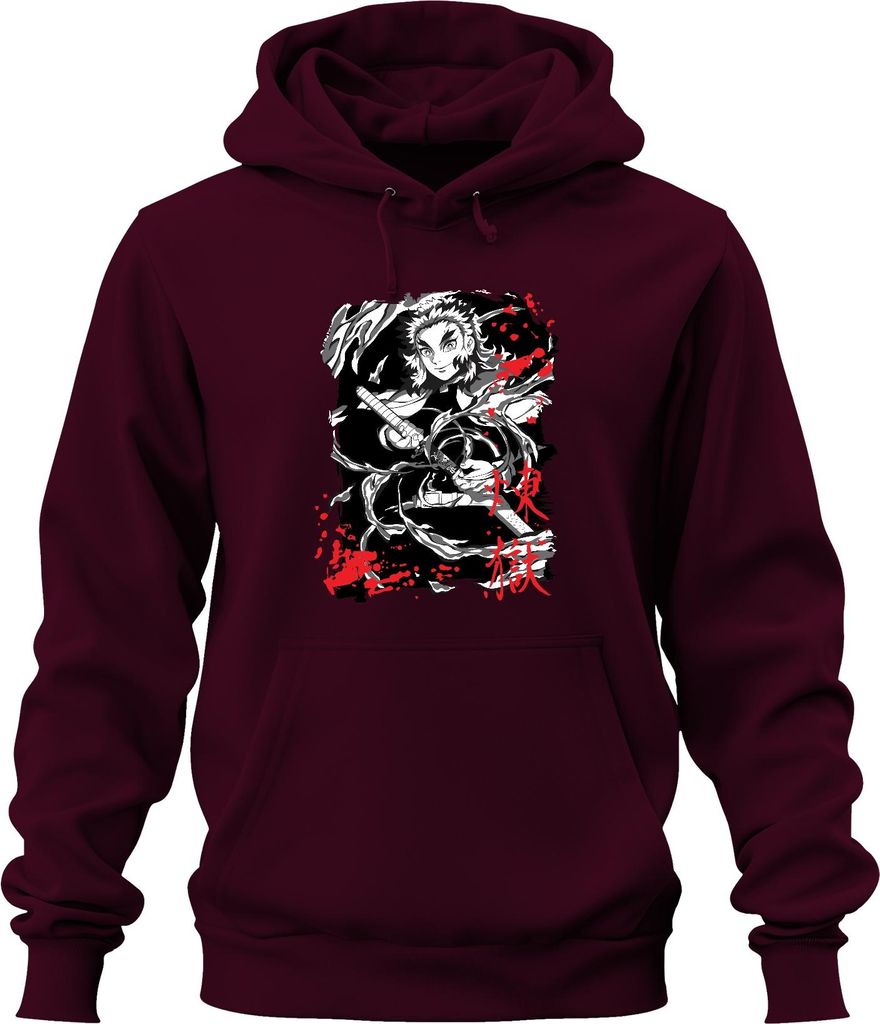 Rengoku Kimetsu no Yaiba Flammen Schwert Anime Fan grunge Uni Hoodie Kapuzenpullover, Burgundy, L