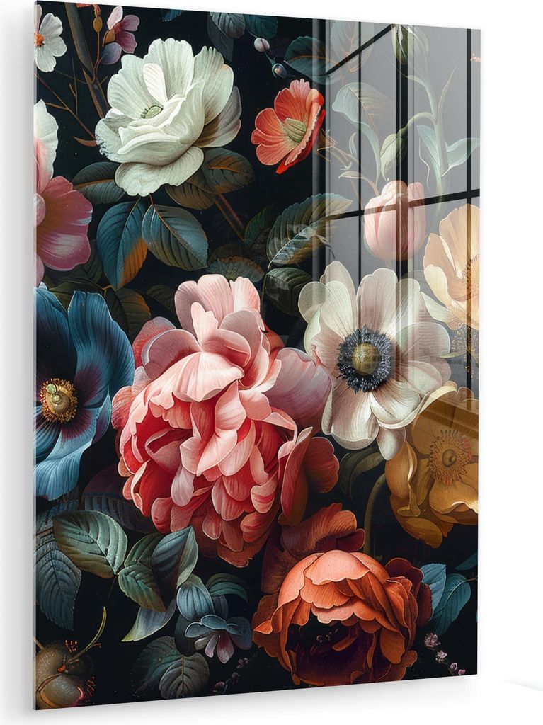 MuchoWow Glasbilder - Bilder auf Wandbild - Foto auf Glas Vintage - Farbenfroh - Blumig - Modern 60x80 cm Wanddekoration aus Glas - Acrylglasbild -...