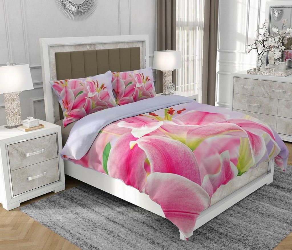 Bettwäsche 140x200 cm + 2x70x80 cm, 3-teilig, 100% Baumwolle, Satin, Reißverschluss, Blumen, Rosa - SOVIO | So.0017