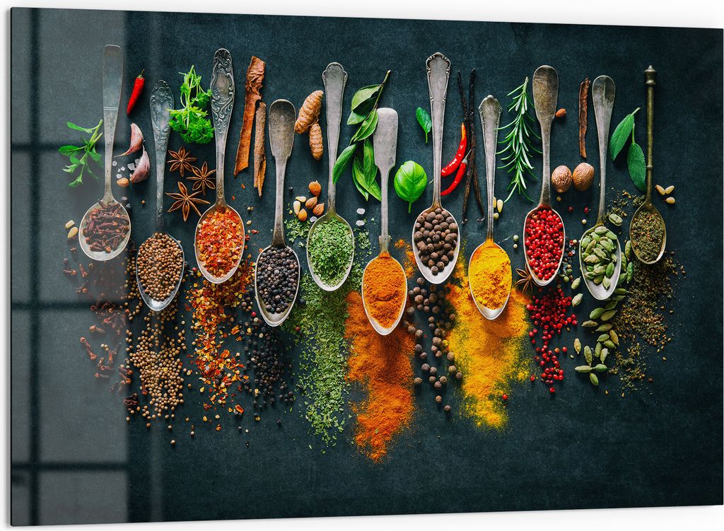 DEQORI Küchenrückwand Glas 60x40 cm 'Aromatisches Mosaik' Spritzschutz Bad Rückwand Küche