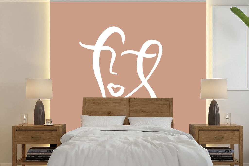 MuchoWow Fototapete für Wohnzimmer oder Schlafzimmer Wandtapete Vinyl Motivtapete Gesicht - Frau - Braun - Weiß - 300x300 cm - Wanddekoration