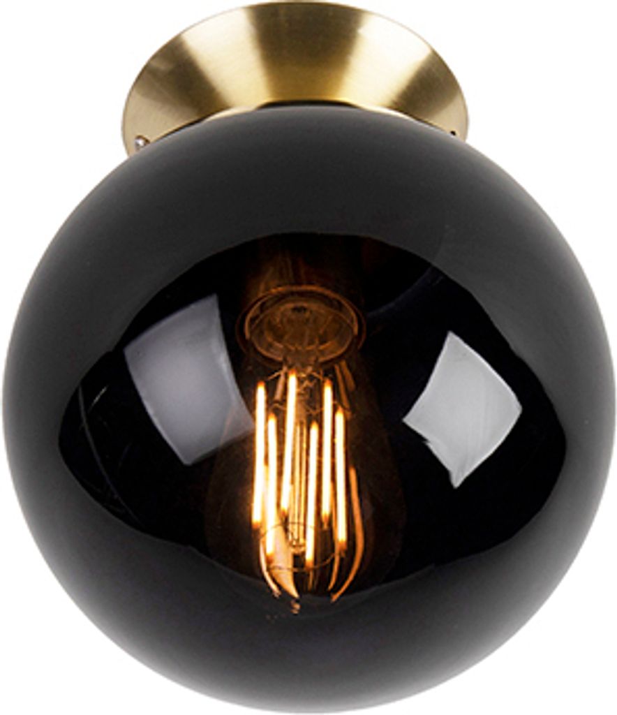 QAZQA - Art Deco Art Deco Deckenleuchte I Deckenlampe I Lampe I Leuchte Messing mit schwarzem Glas - Pallon I Wohnzimmer I Schlafzimmer - Kugel I K...