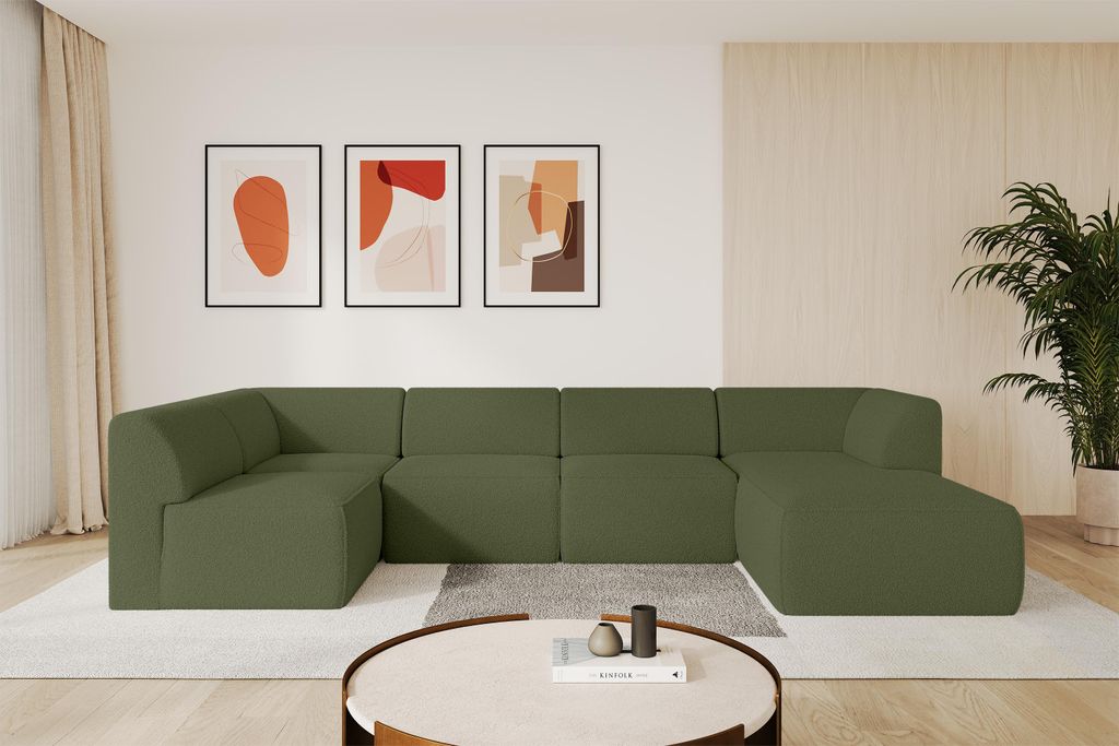 ALTDECOR Ecksofa Wohnlandschaft MOVO-L 345x180x78 cm - Grün Bouclé Corner Sofa Eckcouch Couch U-Form, Rechts angeordnet Ausziehbar