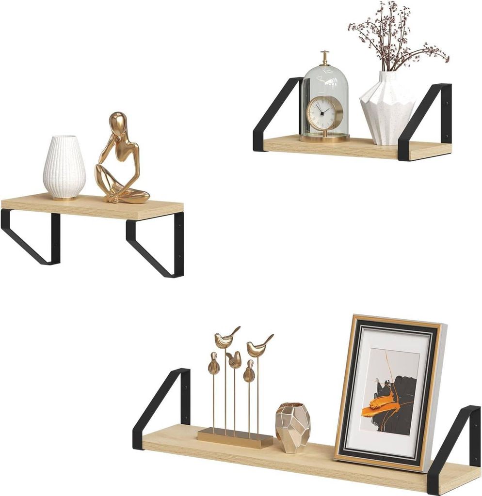 EUGAD 3er Set Wandregal, Hängeregal, Küchenregal hängend, Wanddeko für Küche Wohnzimmer Schlafzimmer, Schwarz + Hell Eiche