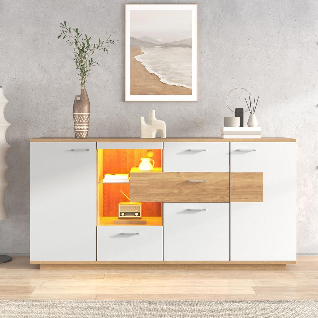 STILVORA Sideboard mit LED-Beleuchtung,Beistellschrank mit 2 Türen und 4 Schubladen,Flurschrank aus MDF mit Glasablage,Natur