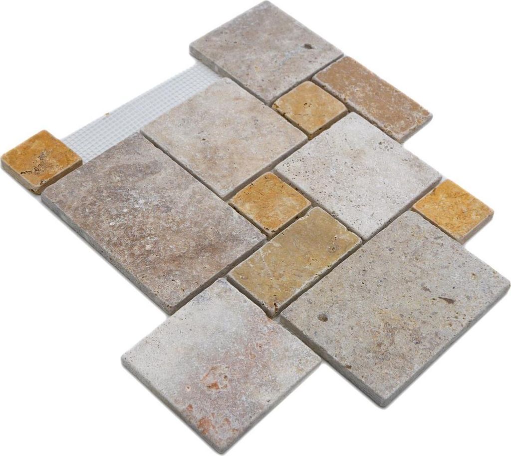Naturstein Travertin Mosaikfliese Römischer Verband Deniz Braun Beige