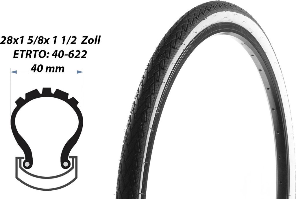 28 Zoll Fahrrad Reifen 28x1 5/8x1 1/2 City Bike 40-622 Mantel Weiswand