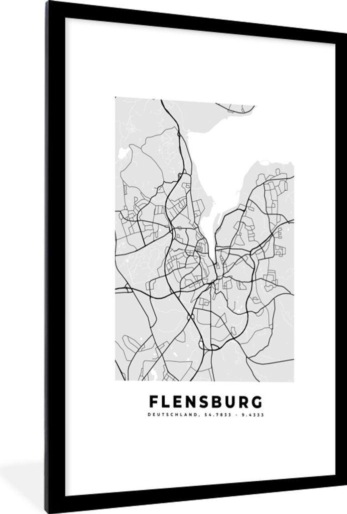 MuchoWow Gerahmtes Poster Karte - Flensburg - Karte - Deutschland 60x90 cm - Poster mit Schwarzem Bilderrahmen Wandposter Rahmen Foto Bilder - De...