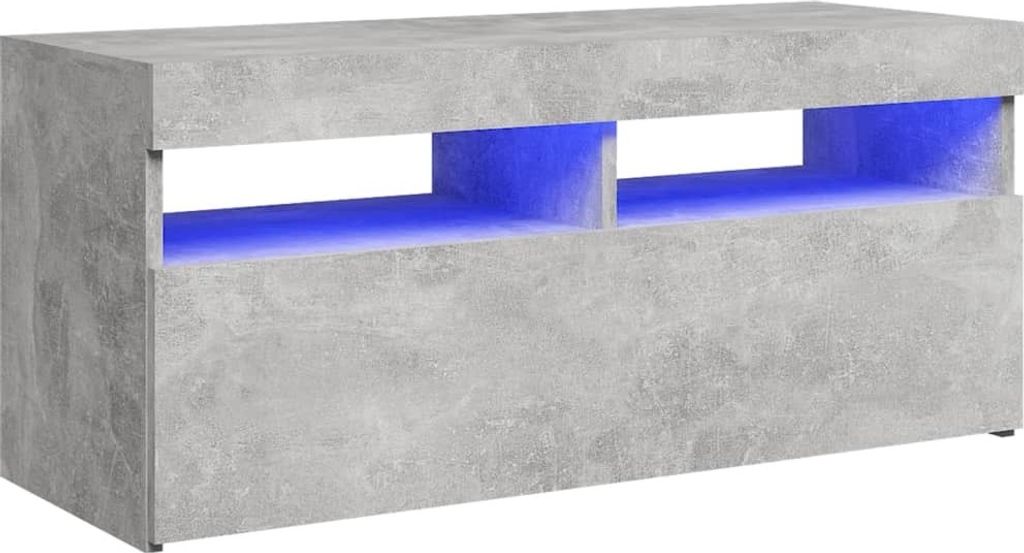 A modern gray media console with blue LED lighting.