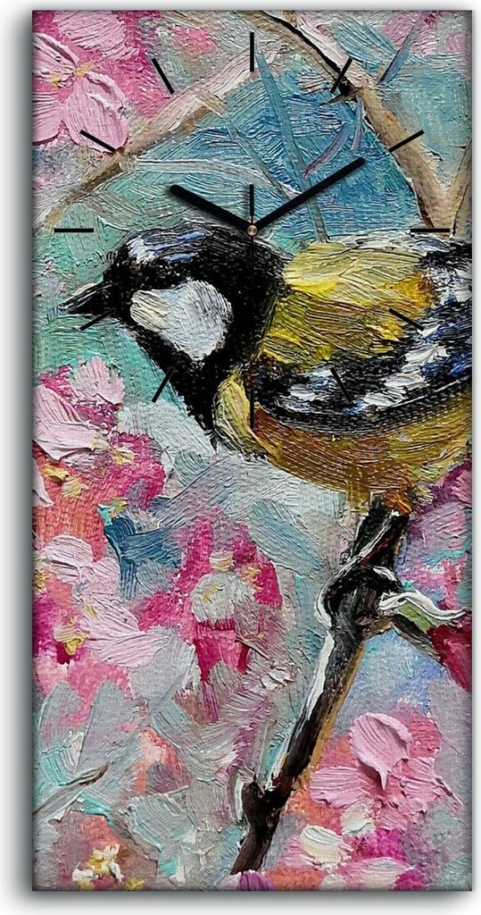 Leinwand Uhr Küche Wohnzimmer Bild 30x60 Gemälde Blumen Zweig Tier Vogel Kunst - schwarze Hände