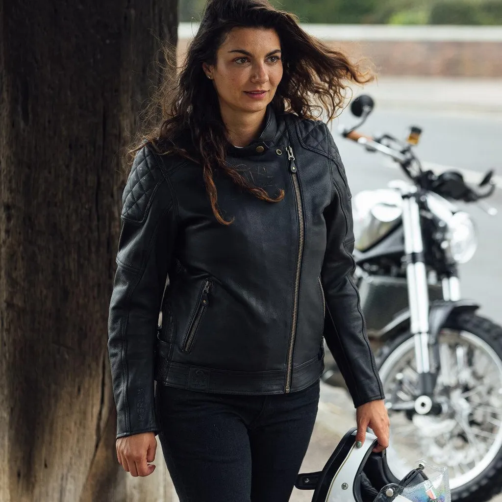 Veste Moto Femme en Cuir Merlin Bristol D3O Noir S - Coupe Vintage Chic