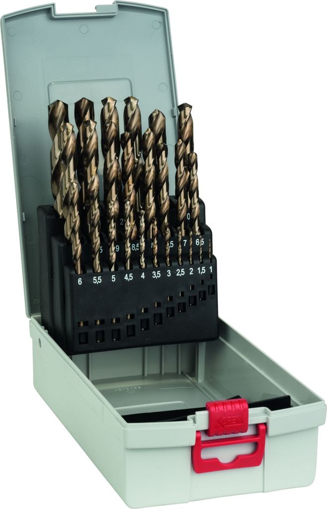 A set of drill bits in a plastic case.