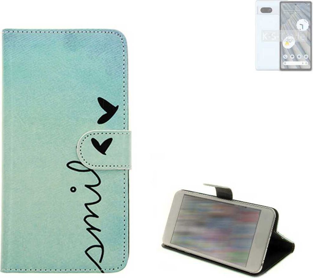 K-S-Trade Schutz Hülle Handy Hülle kompatibel mit Google Pixel 7a Hülle Handyhülle cover bookstyle Etui Handyhülle “smile“ türkis