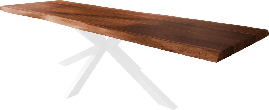 Esstisch Baumkante massiv Akazie nussbaumfarben 400 x 120 Spider-Gestell Metall weiß TITAN