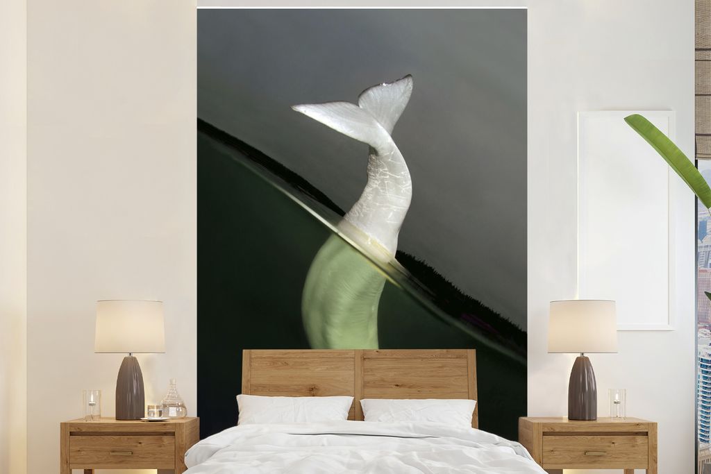 MuchoWow Fototapete für Wohnzimmer oder Schlafzimmer Wandtapete Vinyl Motivtapete Delfin - Wasser - Weiß - 145x220 cm - Wanddekoration