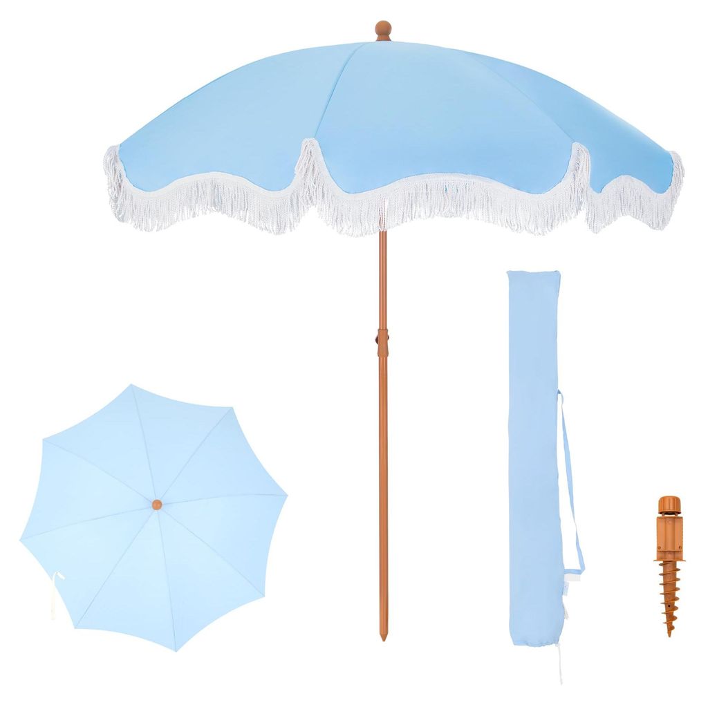 Balkon-Sonnenschirm, 200 cm, faltbar, rund mit Fransen, Boho-Strand-Sonnenschirm, Garten-Sonnenschirm, windfest, Balkon-Sonnenschirm mit Erdspieß ...