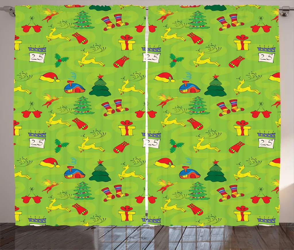 Rideau Rustique Noël Vert en Tissu Décoratif avec Boucles et Crochets
