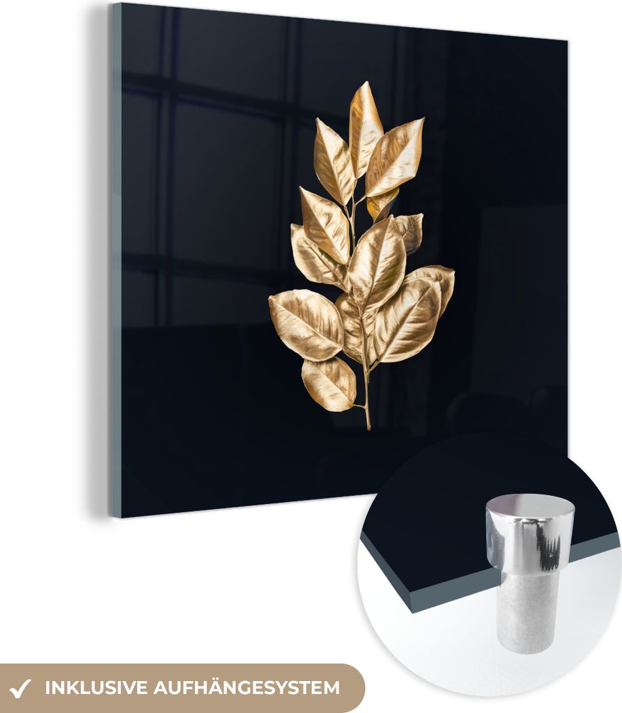 MuchoWow Glasbilder - Bilder auf Wandbild - Foto auf Glas Pflanze - Blätter - Gold - Schwarz - Luxus 20x20 cm Wanddekoration aus Glas - Acrylglasb...