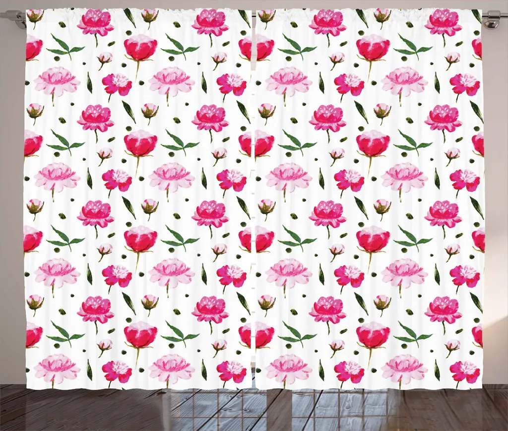 ABAKUHAUS Tenda rustica con motivi floreali, fiori acquerellati dai colori pastello, tenda con passanti e ganci per camera da letto, 280 x 175 cm, rosa, verde scuro, bianco