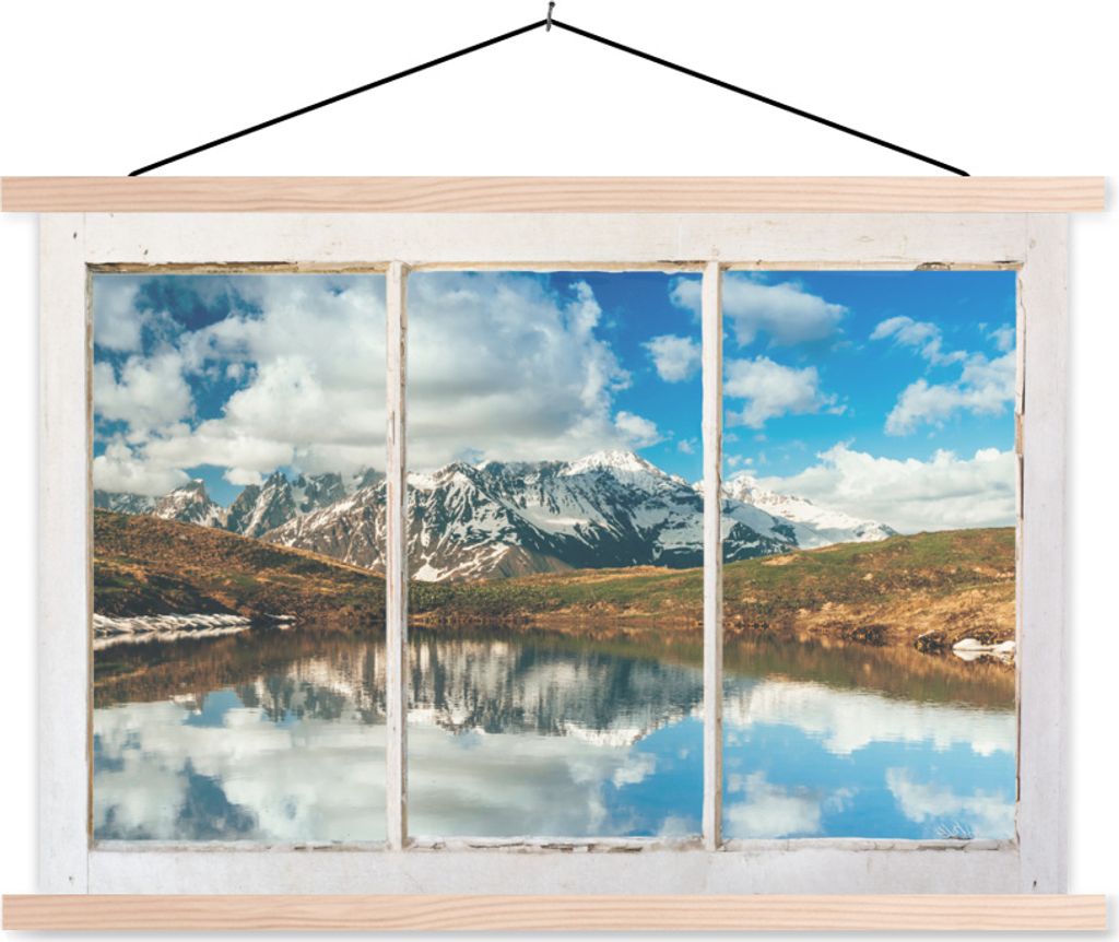 MuchoWow Textilposter Aussicht - Berge - Wasser 60x40 cm mit holzfarbenen Rahmen - Bilder
