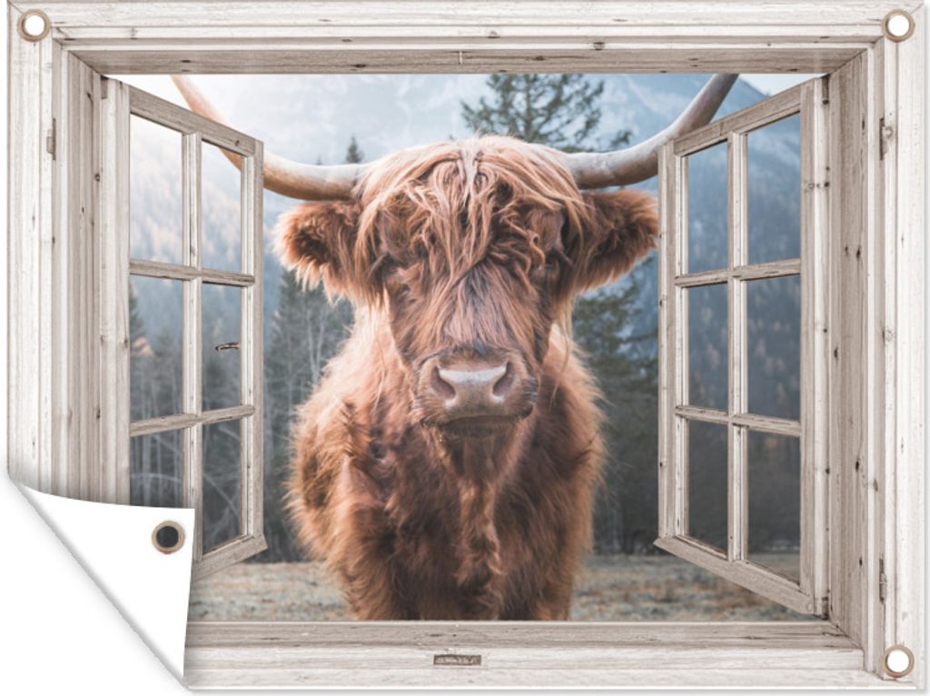 MuchoWow 80x60 cm Outdoor-Poster Gartendeko Sichtschutz Garten Poster für den Garten Schottischer Highlander - Ansicht - Vista