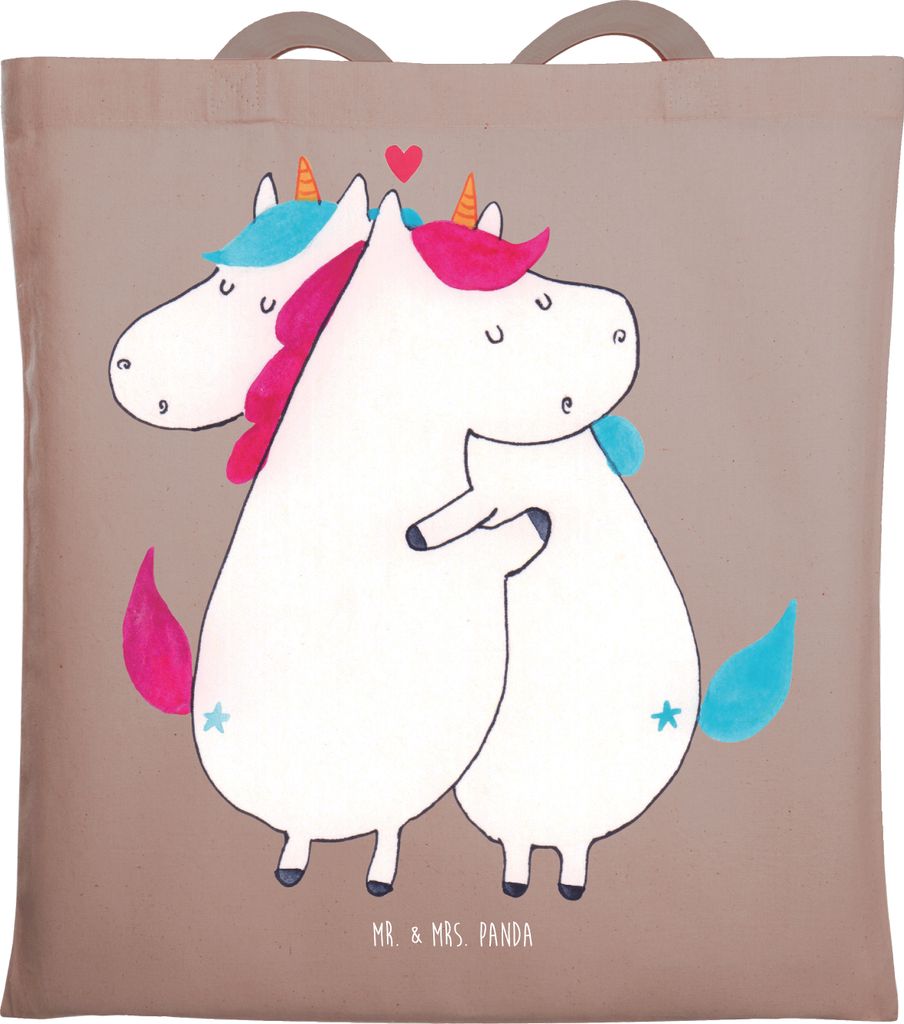Mr. & Mrs. Panda Tote Bag Einhorn Mitteilung - Braun Pastell - Geschenk, Lustig, Shopping Tasche, Spruch, Unicorn, Valentinstag, Laptoptasche, Trag...