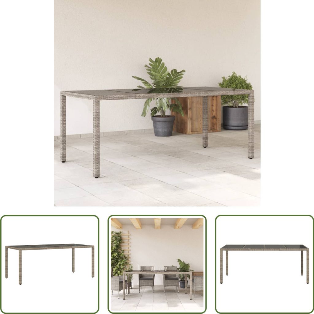 The Living Store Gartentisch mit Glasplatte Grau 190x90x75 cm Poly Rattan