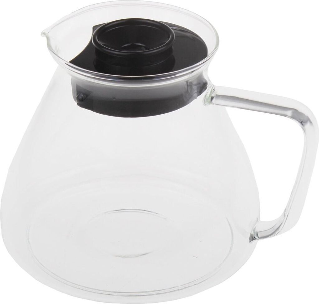 A clear glass pitcher with a black lid and handle.