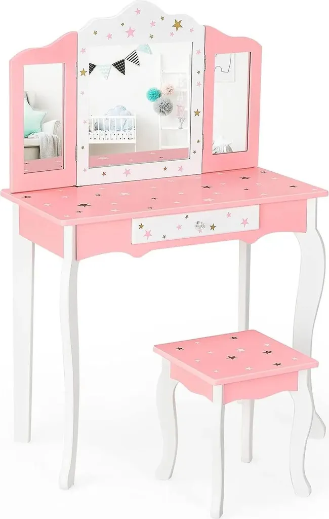 Table de maquillage enfant style princesse avec miroir pliant et tiroir