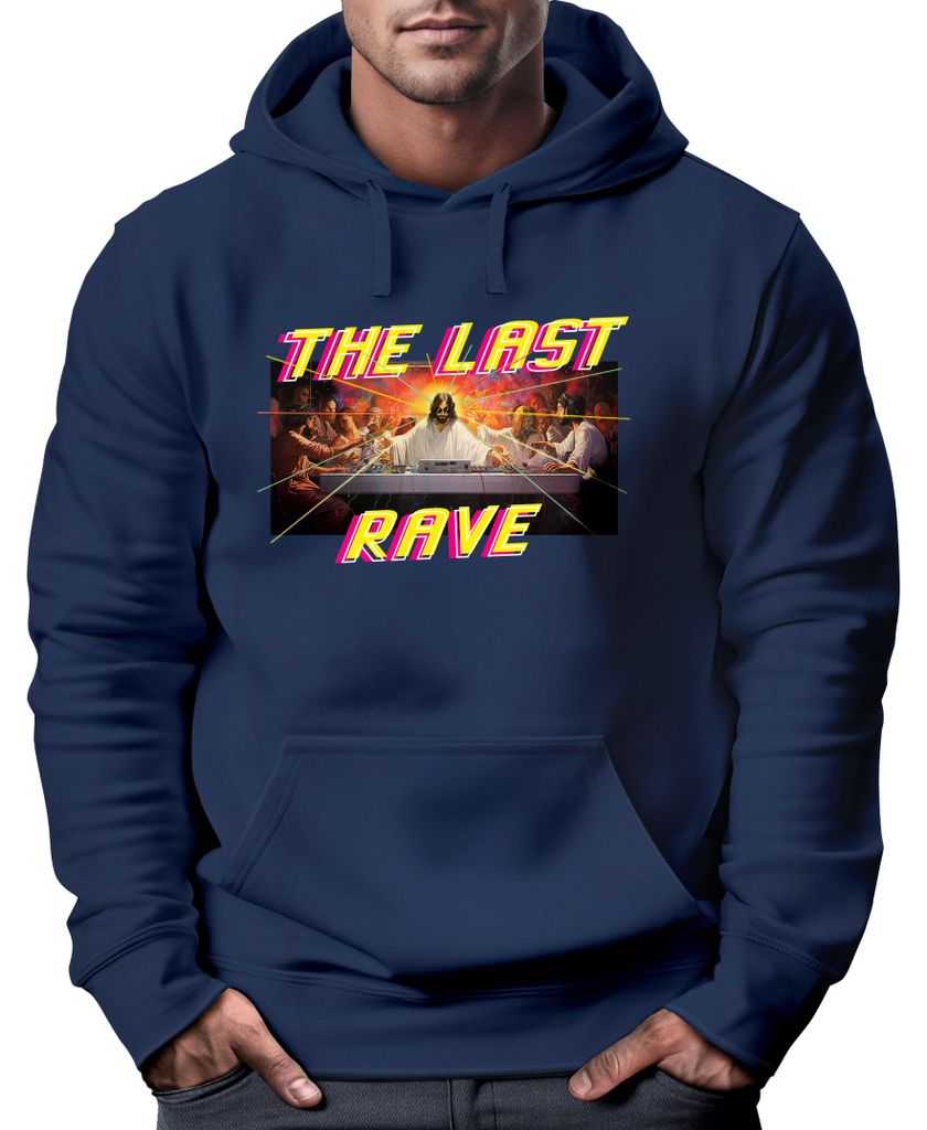 Hoodie Herren Aufdruck Techno The Last Rave Parodie Das letzte Abendmahl Jesus Fashion Streetstyle Neverless navy XS