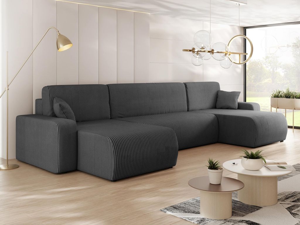 MIRJAN24 Wohnlandschaft Piano U Cord, Wohnzimmer Eckcouch mit Bettkasten und Schlaffunktion, Schwarze Füße, Wellenfeder, U-Form (Farbe: Poso 22)