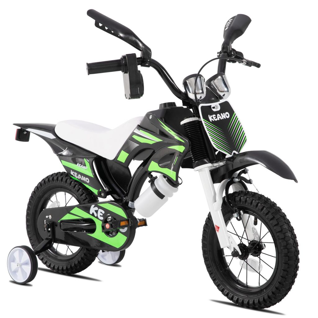 JOYSTAR 12 Zoll Kinderfahrrad im Motorradstil für 3-8 Jahren Jungen und Mädchen mit Stützrädern, Getränkehalter und Schutzblechen, Grün