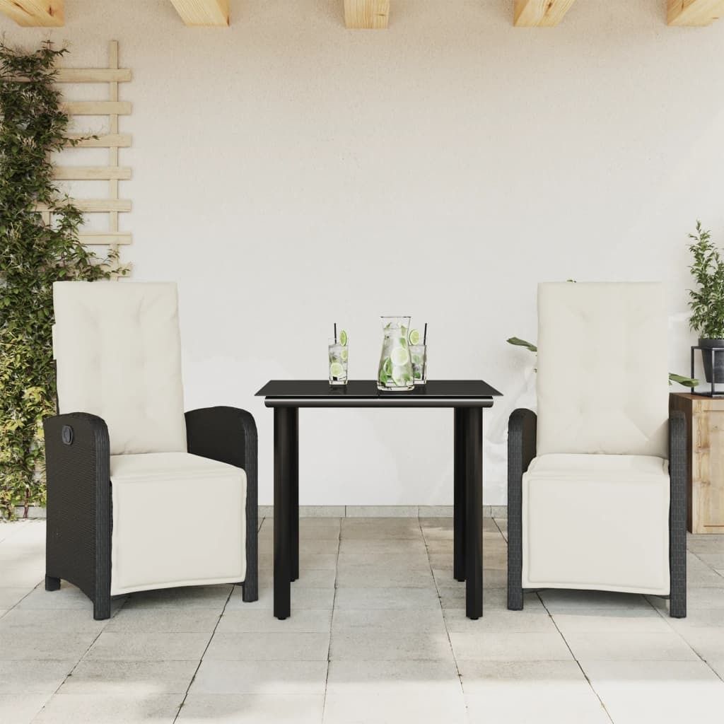 "2026 Promotion" 3-tlg. Bistro-Set - mit Tisch und Stühlen - mit Kissen - Schwarz Poly Rattan - Gartenmöbelset CC11766