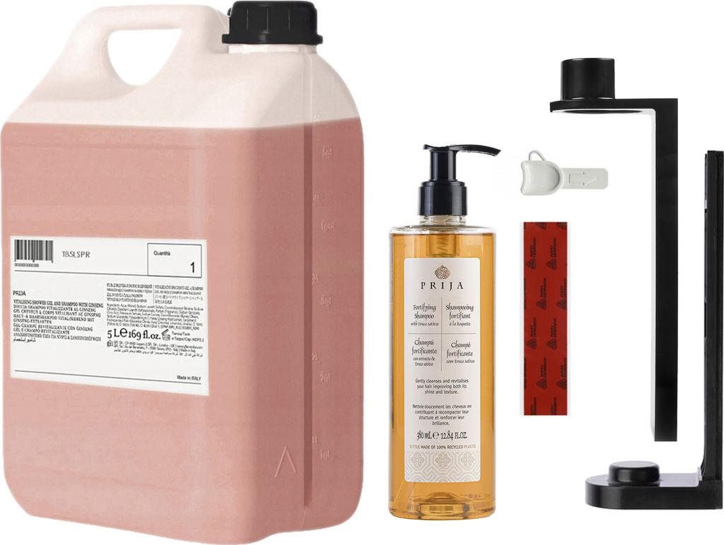 PRIJA Badezimmer-Set: schwarzer Flaschenhalter, 380ml Rucola-Shampoo + 5l Vorrat