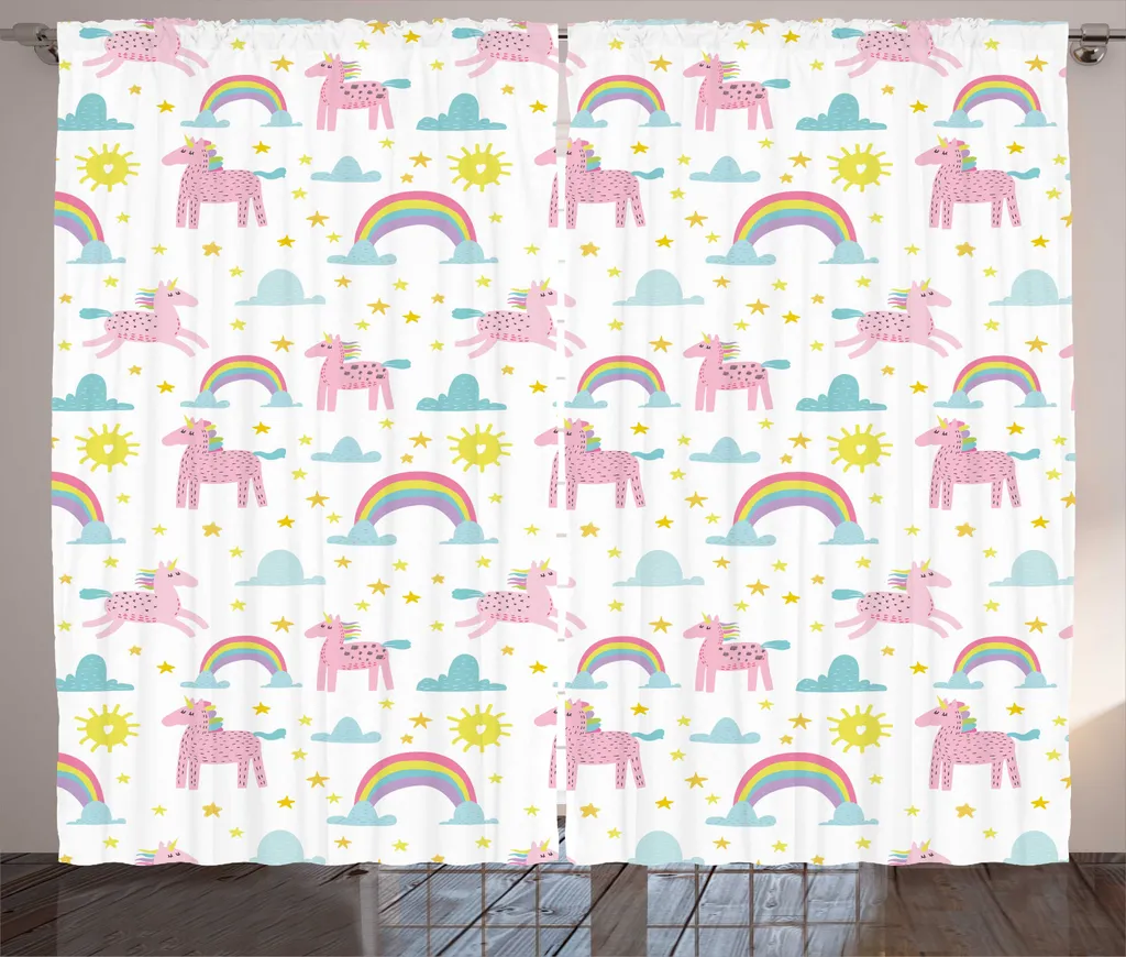 Rideau Grande Largeur Motif Nuages et Licornes Pastel 280x225 cm Rose