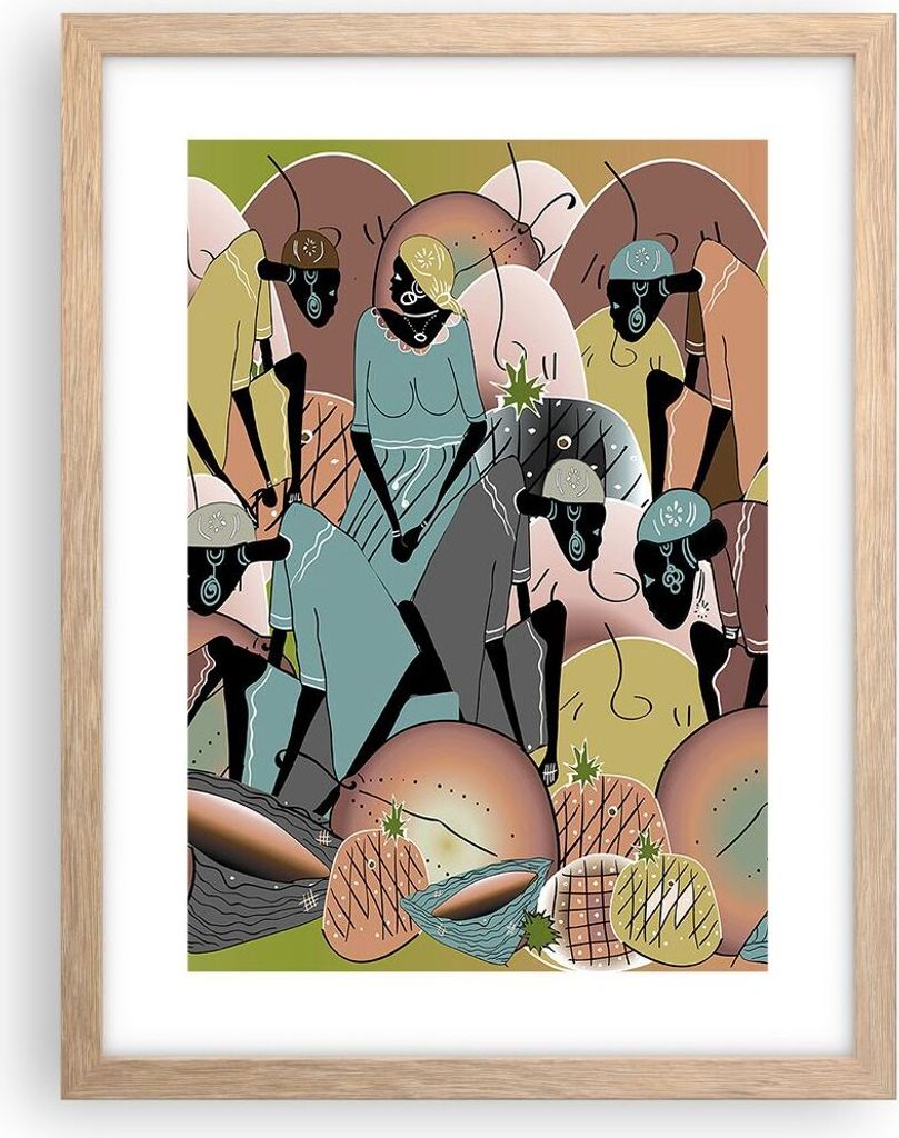 Gerahmtes Poster - Rahmen in heller Eiche - Afrikanisch Grafik Frauen - 30x40 cm - Wand Bild - Wanddeko - Wandbilder - Kunstposter - Wandposter - B...