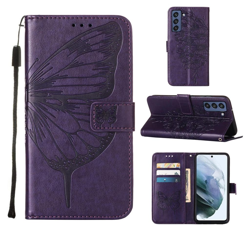 Galaxy S21 FE 5G Hülle, Schmetterling Prägung Flip Leder Kartenfächer Schutzhülle Ledertasche mit Ständer für Samsung Galaxy S21 FE 5G Lila
